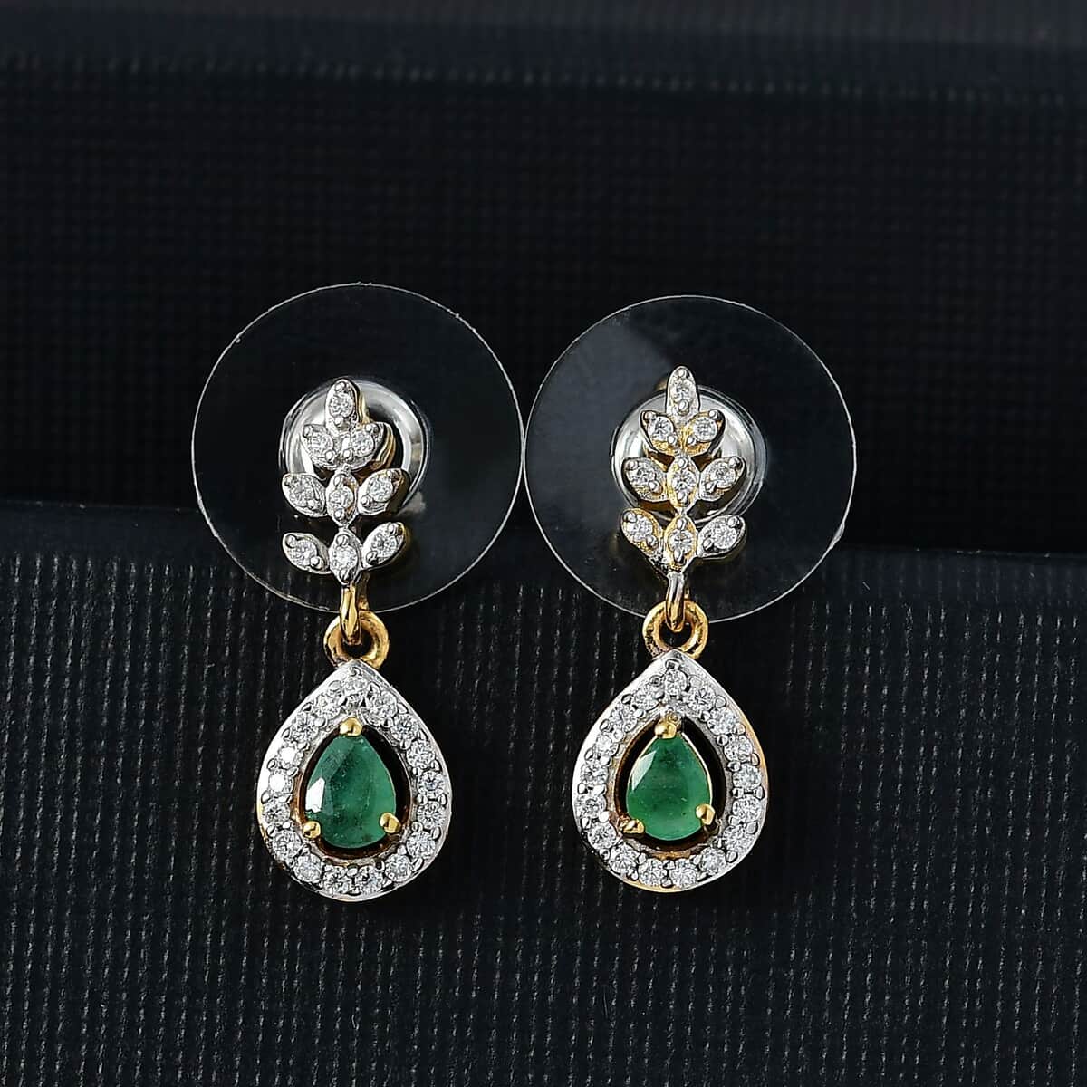 Kagem Zambian Emerald and White Zircon 0.70 ctw Vine Drop Earrings in 18K Vermeil Yellow Gold Over Sterling Silver image number 1