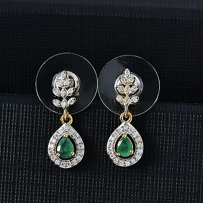 D'Joy Kagem Zambian Emerald and White Zircon 0.70 ctw Vine Drop Earrings in 18K Vermeil Yellow Gold Over Sterling Silver