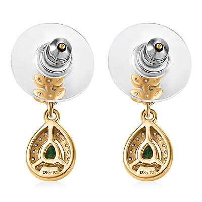 D'Joy Kagem Zambian Emerald and White Zircon 0.70 ctw Vine Drop Earrings in 18K Vermeil Yellow Gold Over Sterling Silver