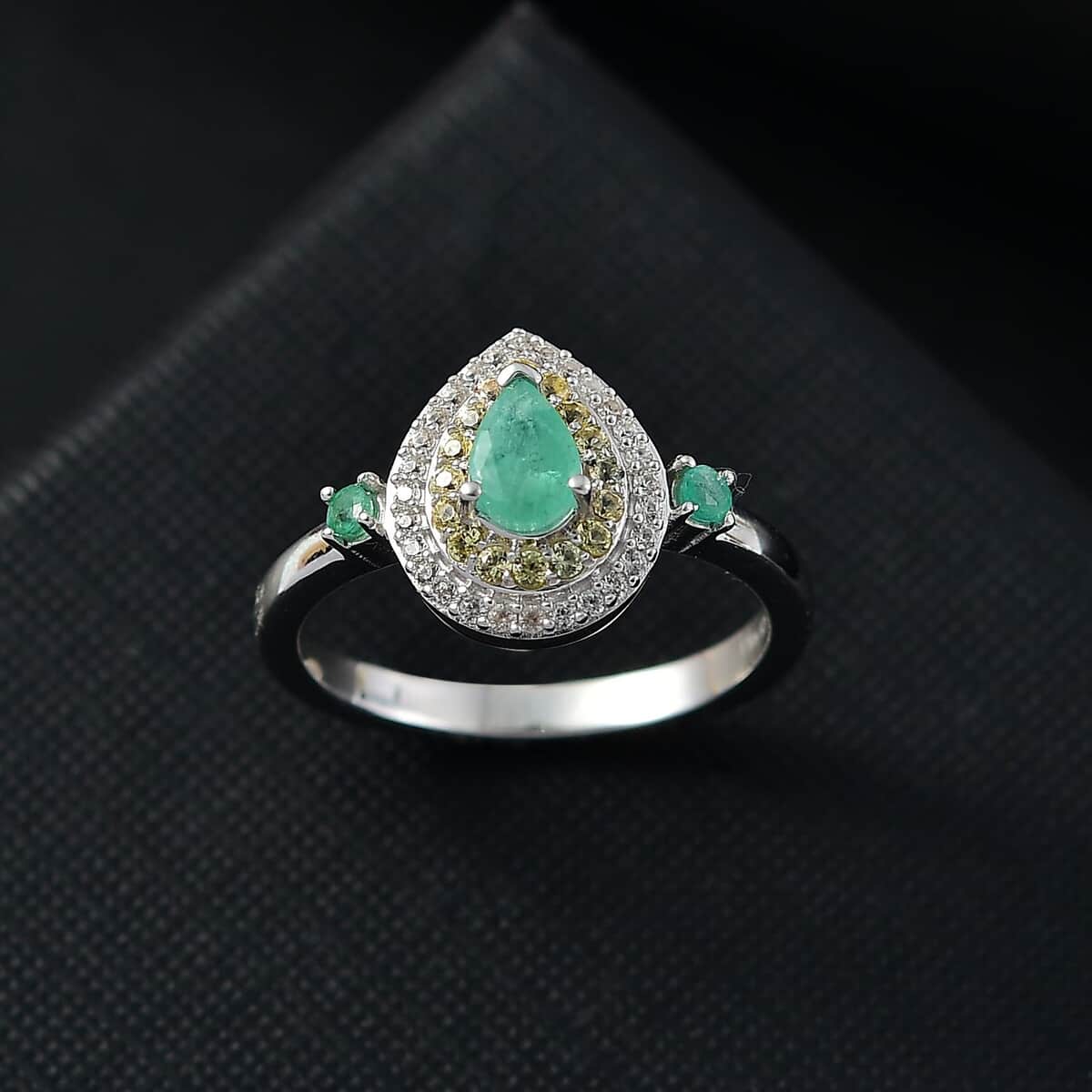 Kagem Zambian Emerald and Multi Gemstone 1.10 ctw Dewdrop Elegance Ring in Rhodium Over Sterling Silver (Size 7.0) image number 1