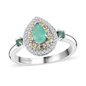 Kagem Zambian Emerald and Multi Gemstone 1.10 ctw Dewdrop Elegance Ring in Rhodium Over Sterling Silver (Size 8.0)