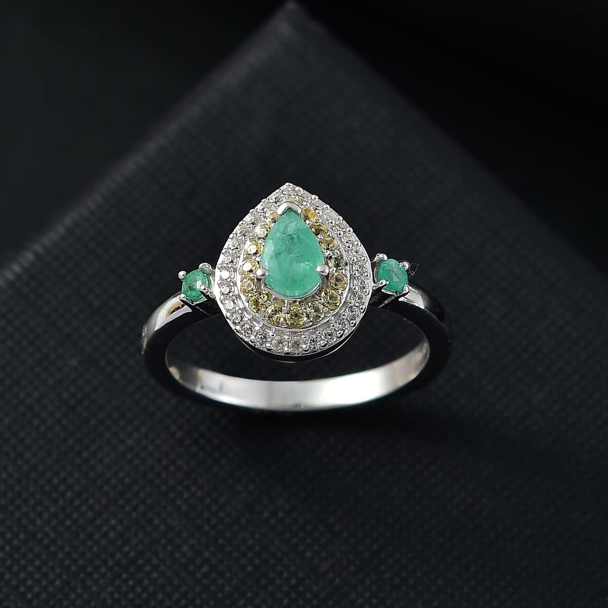 Kagem Zambian Emerald and Multi Gemstone 1.10 ctw Dewdrop Elegance Ring in Rhodium Over Sterling Silver (Size 8.0) image number 1