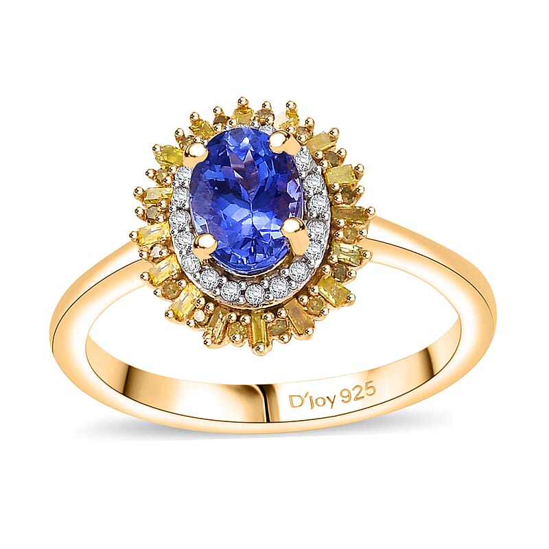 D'Joy AAA Tanzanite, Yellow and White Diamond 1.15 ctw Sunburst Ring in 18K Vermeil Yellow Gold Over Sterling Silver (Size 10.0)