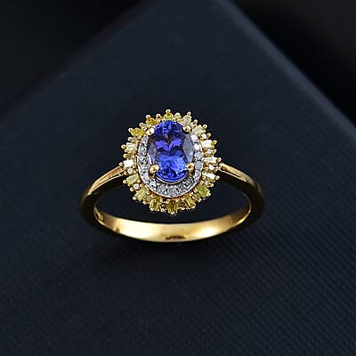 D'Joy AAA Tanzanite, Yellow and White Diamond 1.15 ctw Sunburst Ring in 18K Vermeil Yellow Gold Over Sterling Silver (Size 10.0)