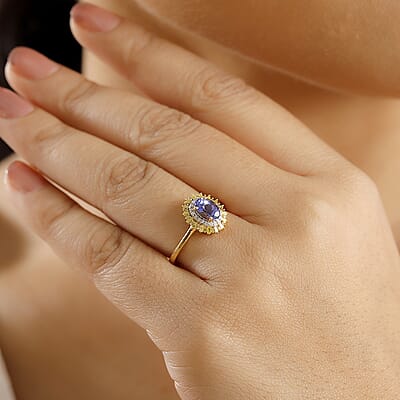 D'Joy AAA Tanzanite, Yellow and White Diamond 1.15 ctw Sunburst Ring in 18K Vermeil Yellow Gold Over Sterling Silver (Size 10.0)