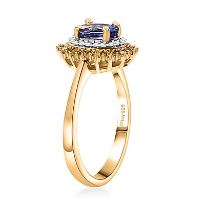 D'Joy AAA Tanzanite, Yellow and White Diamond 1.15 ctw Sunburst Ring in 18K Vermeil Yellow Gold Over Sterling Silver (Size 10.0)