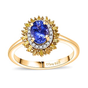 AAA Tanzanite, Yellow and White Diamond 1.15 ctw Sunburst Ring in 18K Vermeil Yellow Gold Over Sterling Silver (Size 6.0)