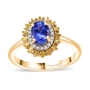 AAA Tanzanite, Yellow and White Diamond 1.15 ctw Sunburst Ring in 18K Vermeil Yellow Gold Over Sterling Silver (Size 7.0)