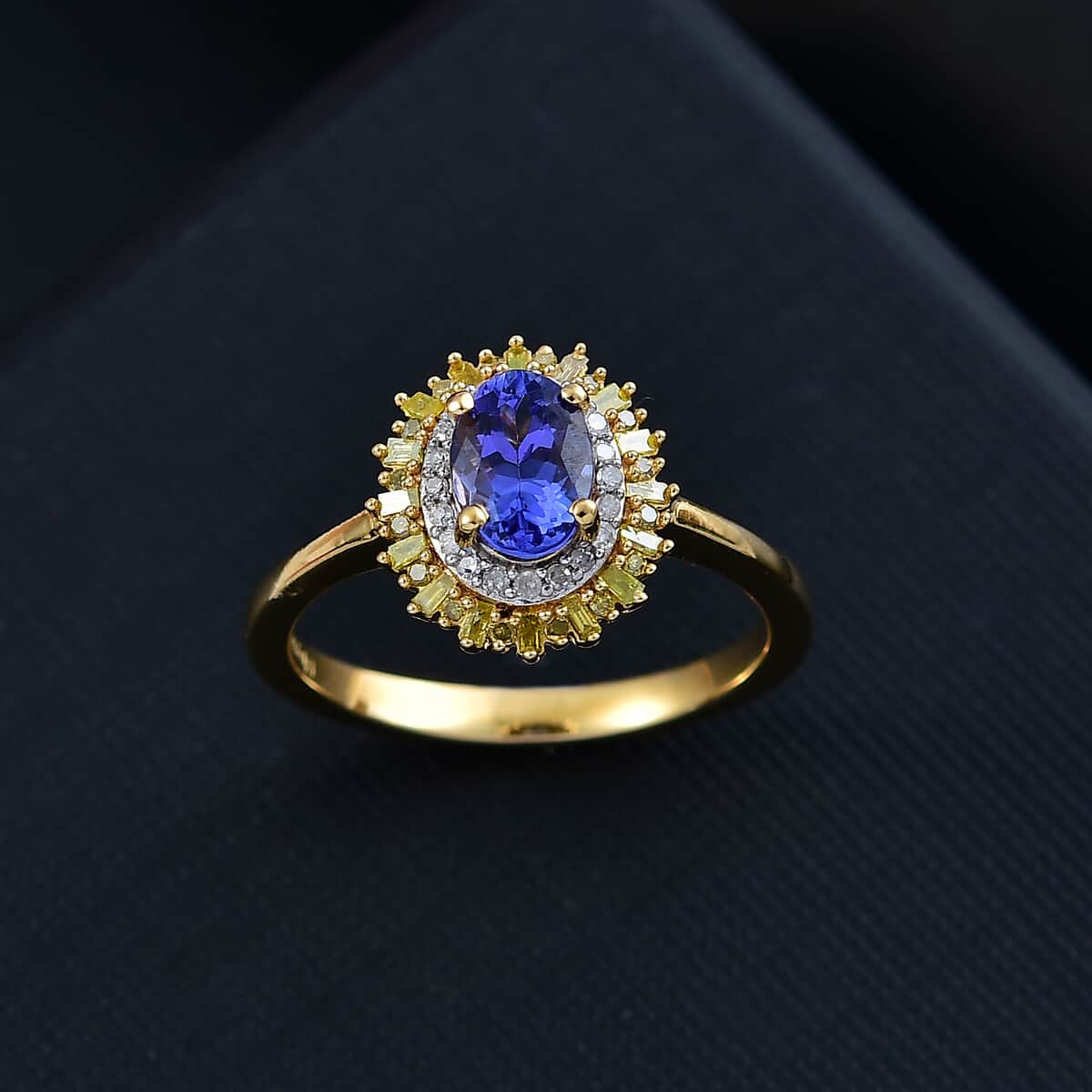 AAA Tanzanite, Yellow and White Diamond 1.15 ctw Sunburst Ring in 18K Vermeil Yellow Gold Over Sterling Silver (Size 7.0) image number 1