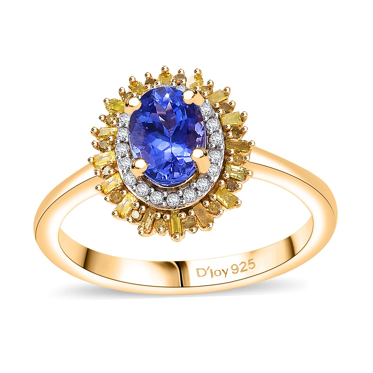 AAA Tanzanite, Yellow and White Diamond 1.15 ctw Sunburst Ring in 18K Vermeil Yellow Gold Over Sterling Silver (Size 9.0) image number 0