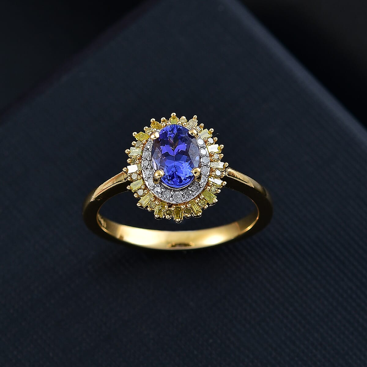 AAA Tanzanite, Yellow and White Diamond 1.15 ctw Sunburst Ring in 18K Vermeil Yellow Gold Over Sterling Silver (Size 9.0) image number 1