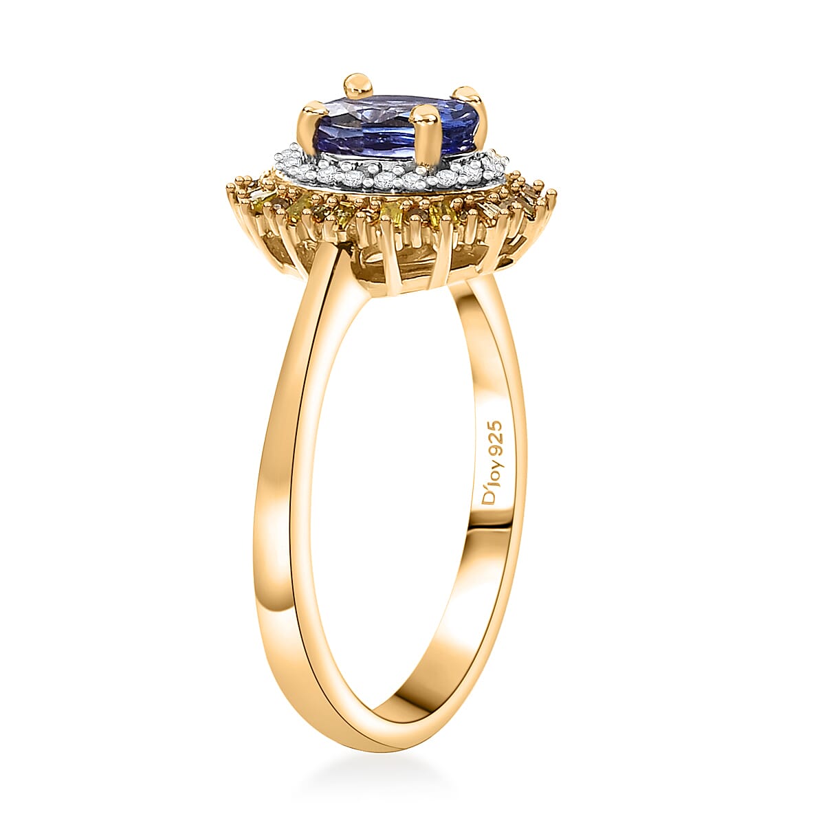 AAA Tanzanite, Yellow and White Diamond 1.15 ctw Sunburst Ring in 18K Vermeil Yellow Gold Over Sterling Silver (Size 9.0) image number 3