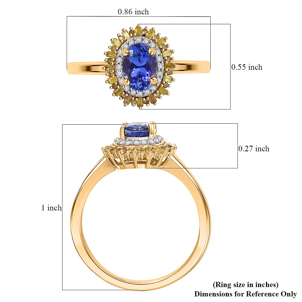 AAA Tanzanite, Yellow and White Diamond 1.15 ctw Sunburst Ring in 18K Vermeil Yellow Gold Over Sterling Silver (Size 9.0) image number 5