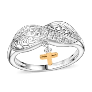 Leaf Ring with Cross Charm in 14K YG Over and Sterling Silver (Size 7.0) 2.75 Grams