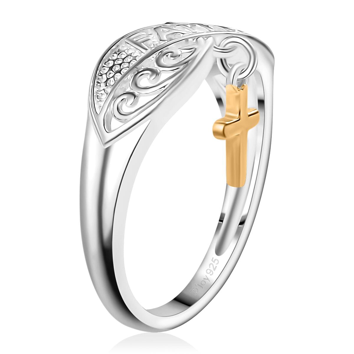 Leaf Ring with Cross Charm in 14K YG Over and Sterling Silver (Size 7.0) 2.75 Grams image number 3