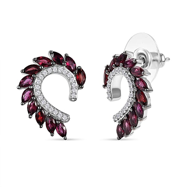 D'Joy Premium Anthill Garnet and White Zircon 2.90 ctw Leaf Earrings in Rhodium Over Sterling Silver