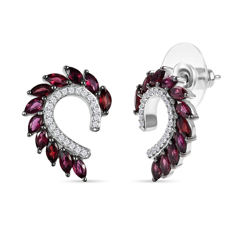 D'Joy Premium Anthill Garnet and White Zircon 2.90 ctw Leaf Earrings in Rhodium Over Sterling Silver