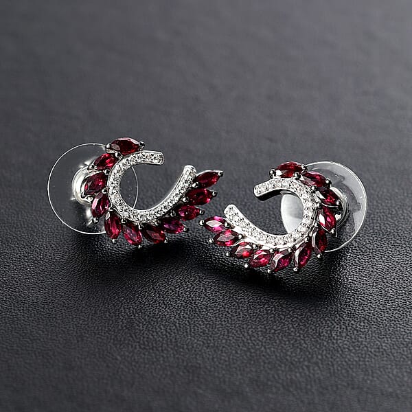 D'Joy Premium Anthill Garnet and White Zircon 2.90 ctw Leaf Earrings in Rhodium Over Sterling Silver