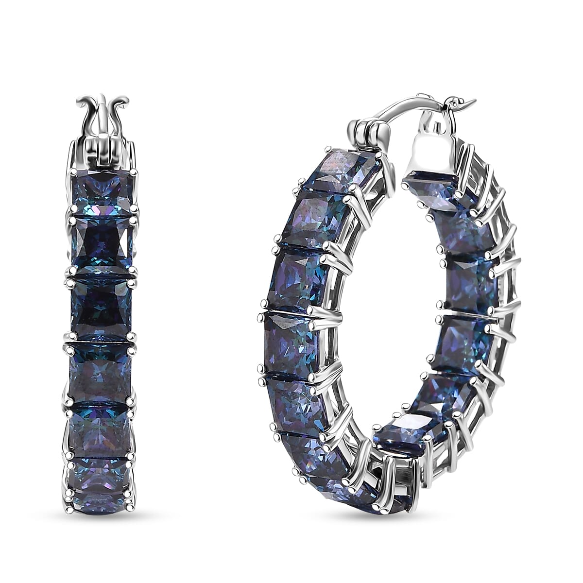 J Francis Embellished with Rainbow Blue Zirconia by Swarovski 36.25 ctw Hoop Earrings in Rhodium Over Sterling Silver image number 0