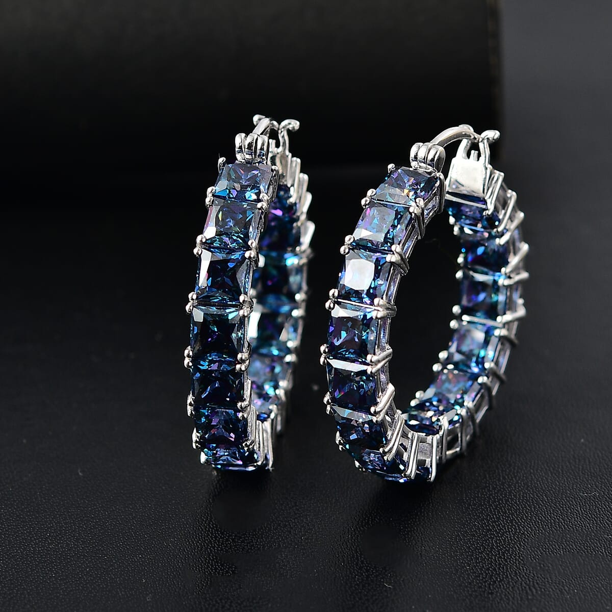 J Francis Embellished with Rainbow Blue Zirconia by Swarovski 36.25 ctw Hoop Earrings in Rhodium Over Sterling Silver image number 1