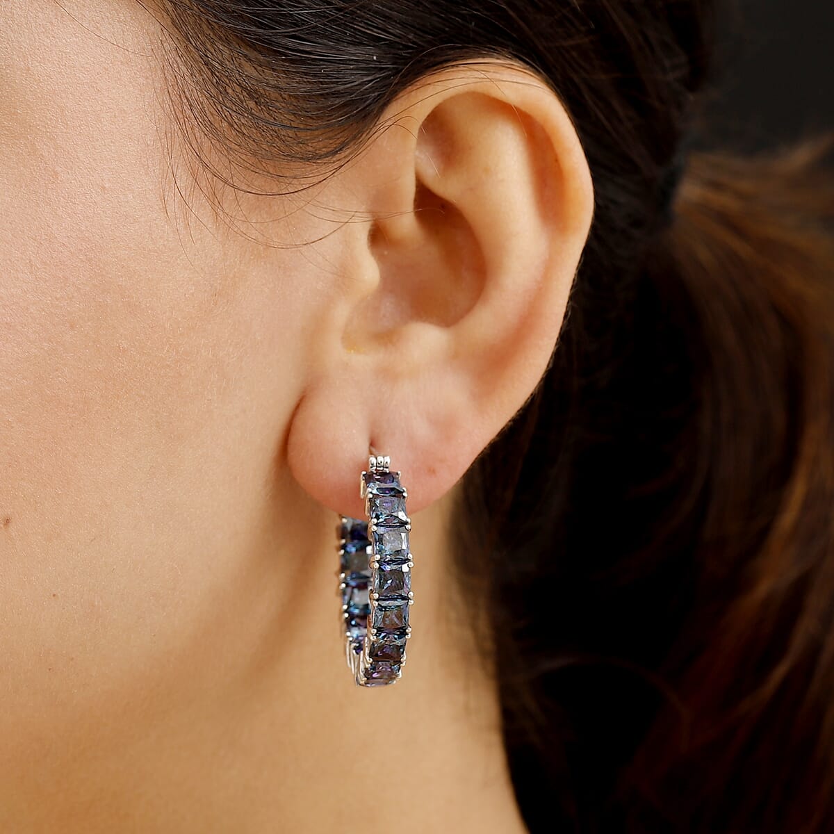 J Francis Embellished with Rainbow Blue Zirconia by Swarovski 36.25 ctw Hoop Earrings in Rhodium Over Sterling Silver image number 2