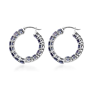 J Francis Embellished with Rainbow Blue Zirconia by Swarovski 36.25 ctw Iconic Tennis Hoop Earrings in Rhodium Over Sterling Silver 