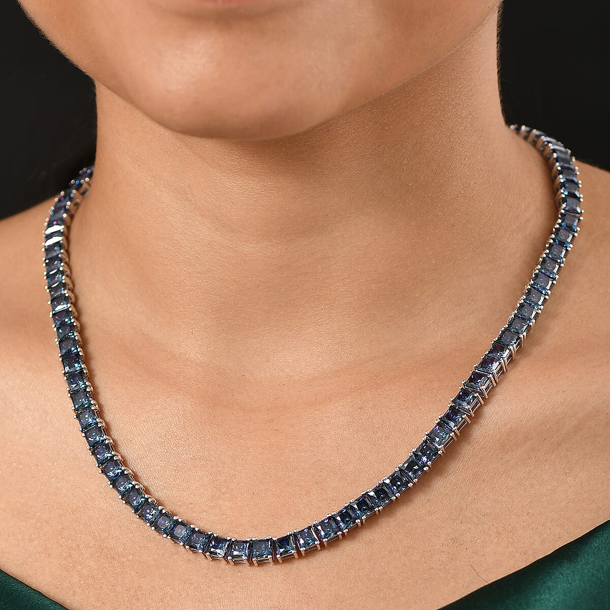 J Francis Embellished with Rainbow Blue Zirconia by Swarovski 101.00 ctw Iconic Tennis Necklace 18 Inches in Rhodium Over Sterling Silver image number 2