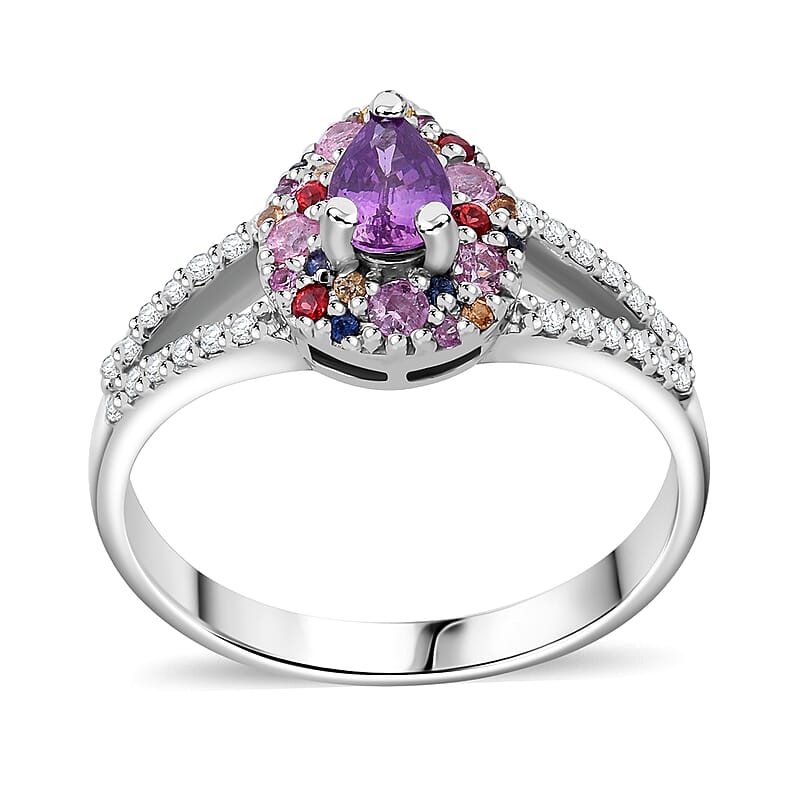 Madagascar Purple Sapphire and Multi Gemstone 1.00 ctw Rainbow Bloom Ring in Rhodium Over Sterling Silver (Size 10.0)