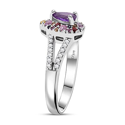 Madagascar Purple Sapphire and Multi Gemstone 1.00 ctw Rainbow Bloom Ring in Rhodium Over Sterling Silver (Size 10.0)
