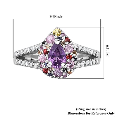 Madagascar Purple Sapphire and Multi Gemstone 1.00 ctw Rainbow Bloom Ring in Rhodium Over Sterling Silver (Size 10.0)