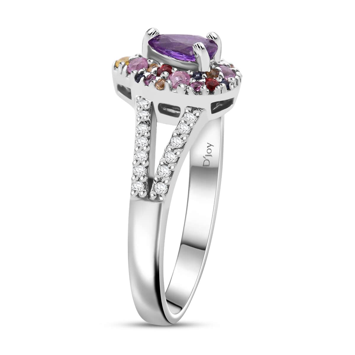 Madagascar Purple Sapphire and Multi Gemstone 1.00 ctw Rainbow Bloom Ring in Rhodium Over Sterling Silver (Size 8.0) image number 3