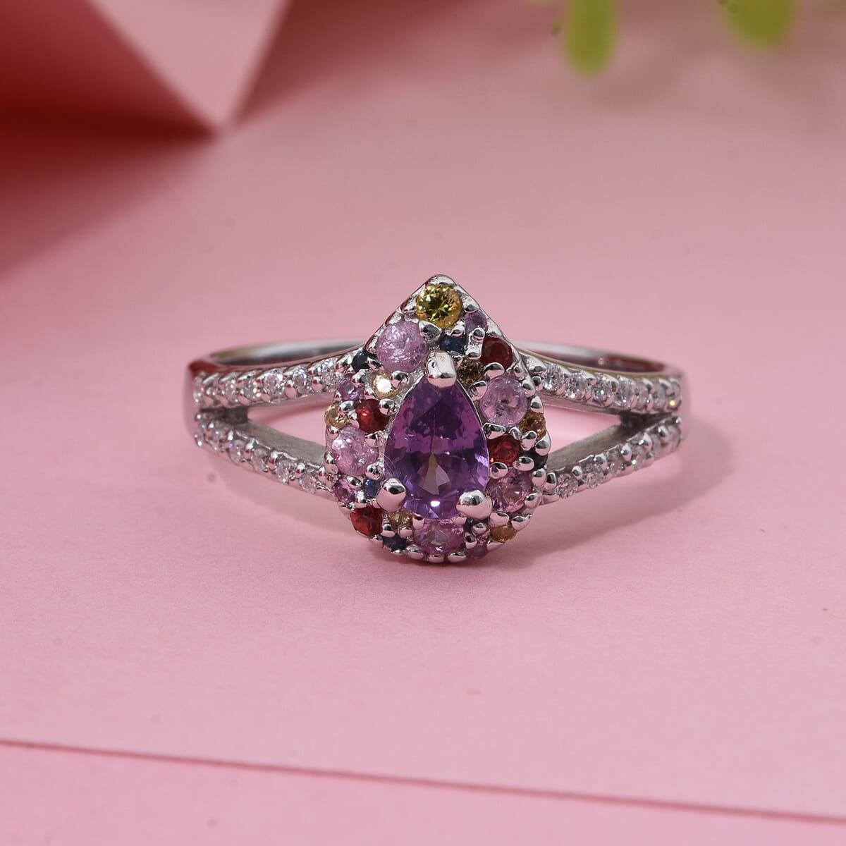Madagascar Purple Sapphire and Multi Gemstone 1.00 ctw Rainbow Bloom Ring in Rhodium Over Sterling Silver (Size 9.0) image number 1
