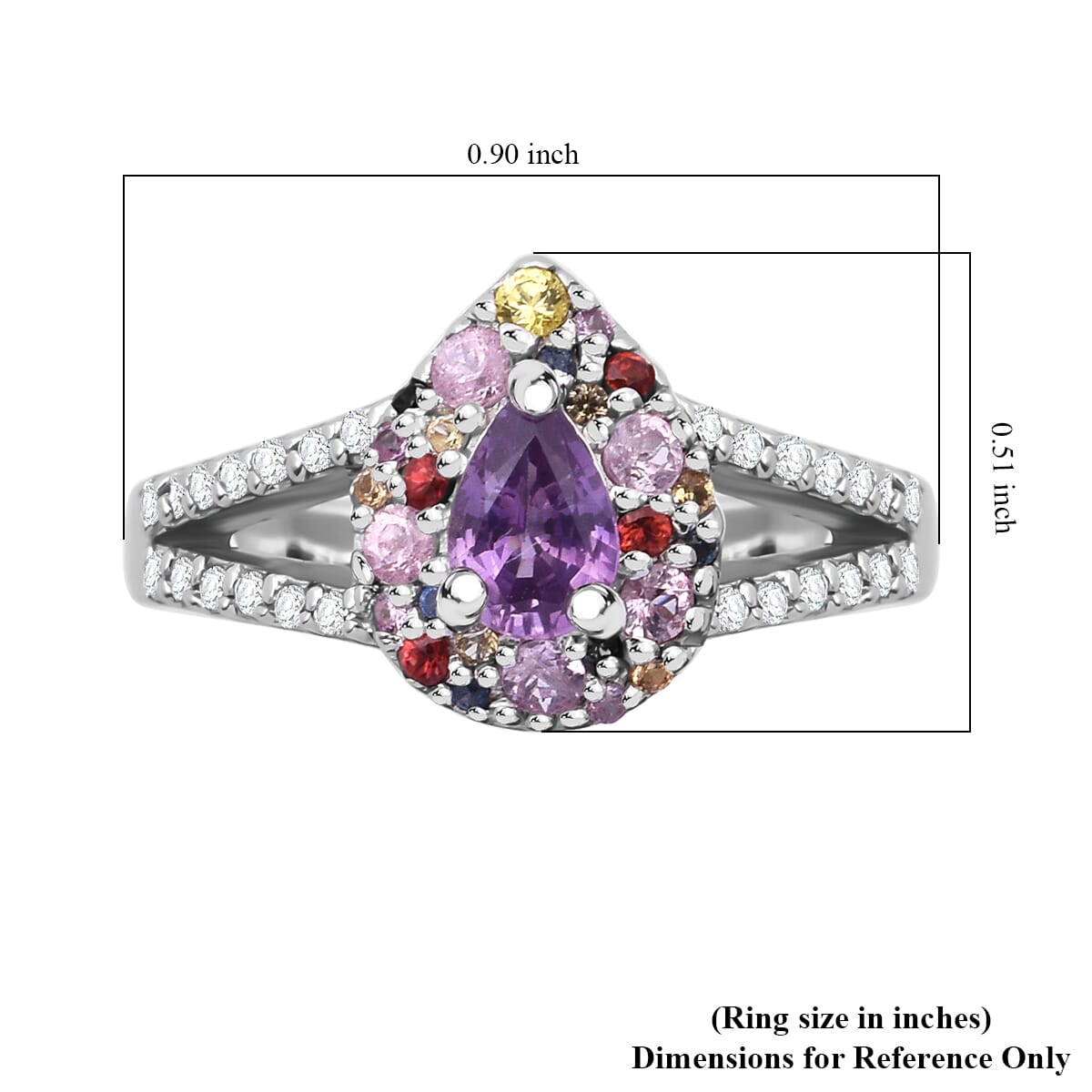 Madagascar Purple Sapphire and Multi Gemstone 1.00 ctw Rainbow Bloom Ring in Rhodium Over Sterling Silver (Size 9.0) image number 5