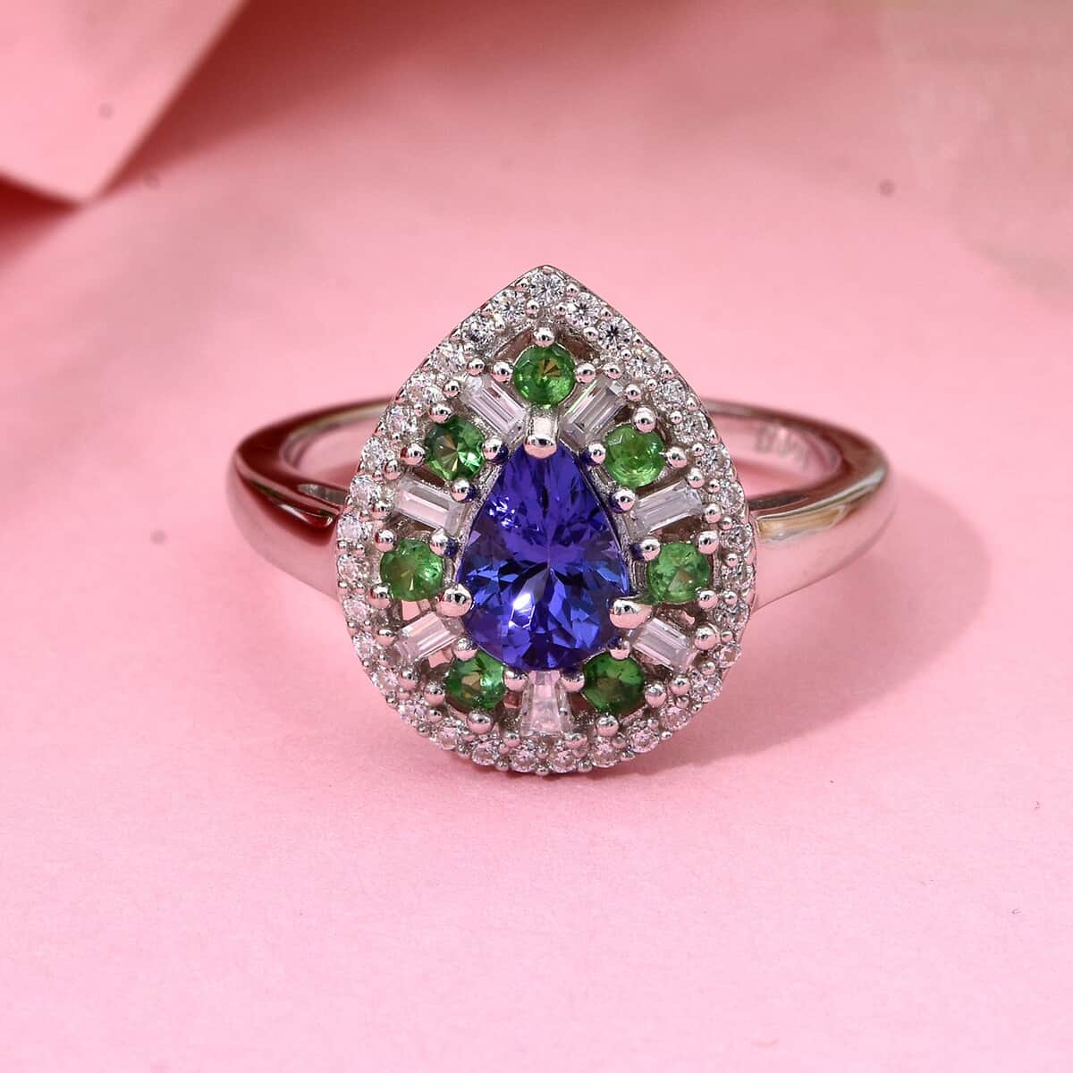 AAA Tanzanite and Multi Gemstone 1.25 ctw Teardrop Harmony Ring in Rhodium Over Sterling Silver (Size 6.0) image number 1