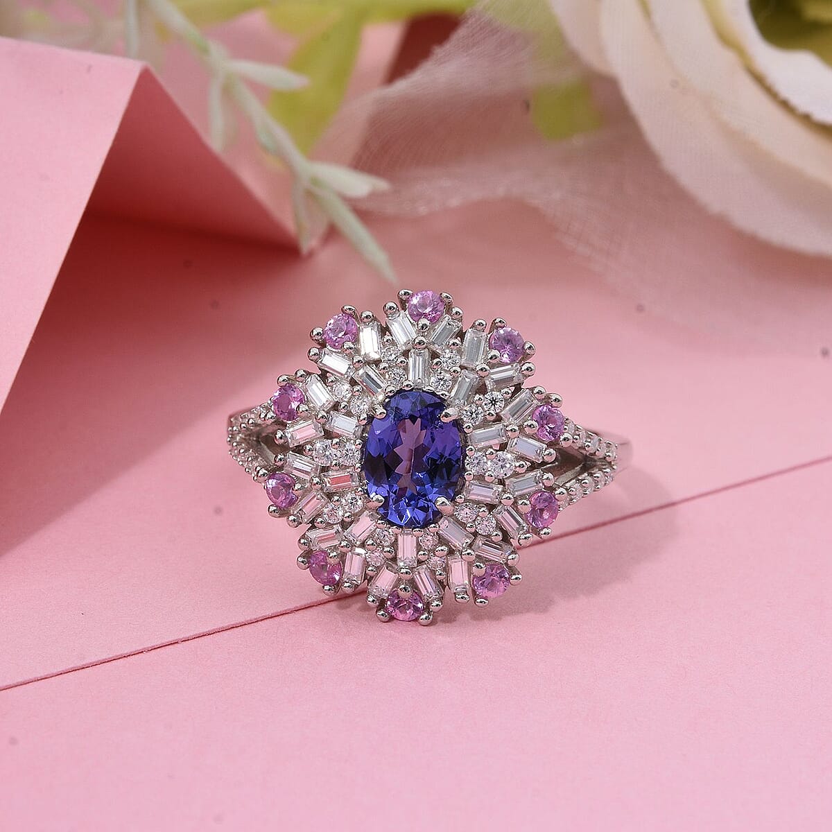 AAA Tanzanite and Multi Gemstone 1.90 ctw Blushing Radiance Ring in Rhodium Over Sterling Silver (Size 7.0) image number 1