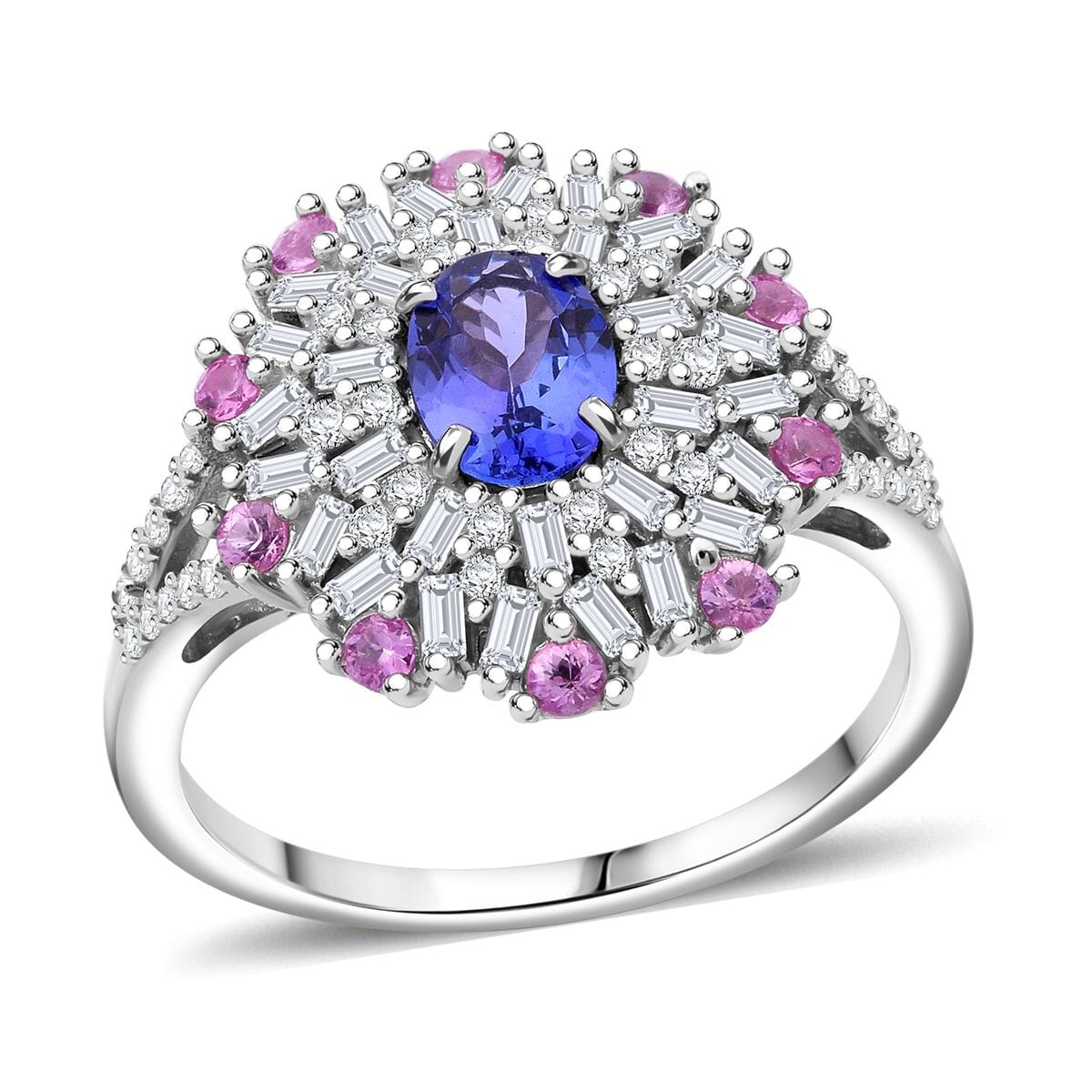 AAA Tanzanite and Multi Gemstone 1.90 ctw Blushing Radiance Ring in Rhodium Over Sterling Silver (Size 8.0) image number 0