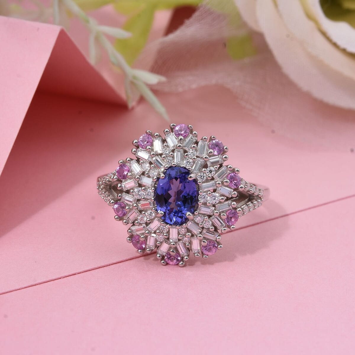 AAA Tanzanite and Multi Gemstone 1.90 ctw Blushing Radiance Ring in Rhodium Over Sterling Silver (Size 8.0) image number 1