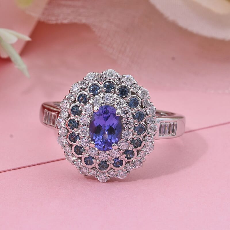 AAA Tanzanite and Multi Gemstone 1.90 ctw Regal Eclipse Ring in Rhodium Over Sterling Silver (Size 10.0)
