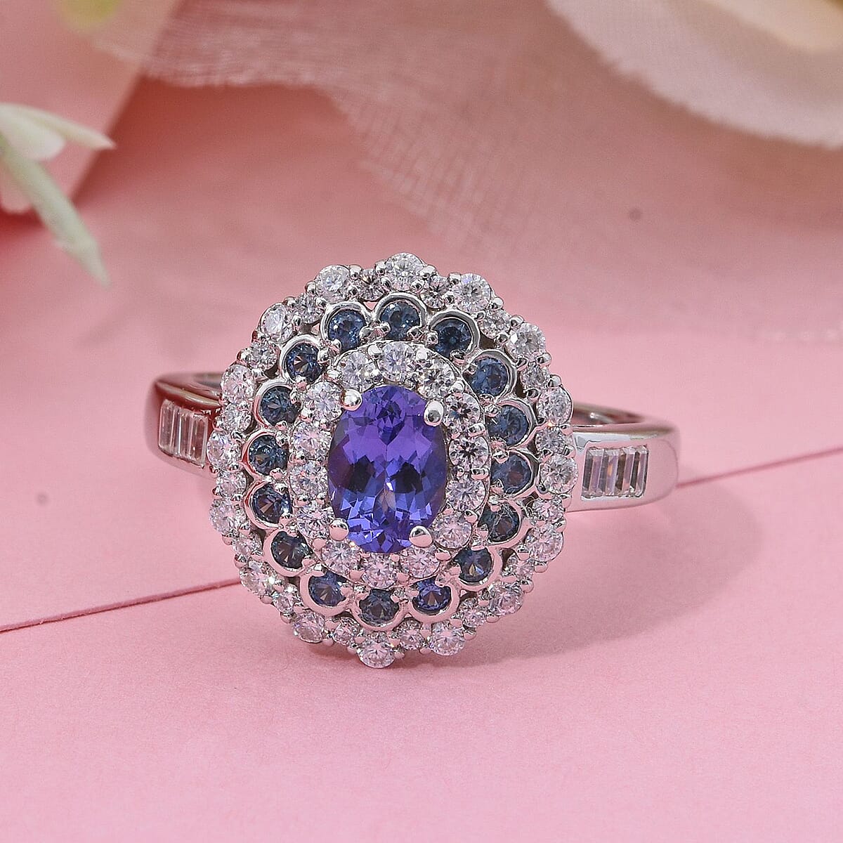 AAA Tanzanite and Multi Gemstone 1.90 ctw Regal Eclipse Ring in Rhodium Over Sterling Silver (Size 8.0) image number 1