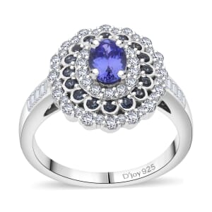 AAA Tanzanite and Multi Gemstone 1.90 ctw Regal Eclipse Ring in Rhodium Over Sterling Silver (Size 9.0)