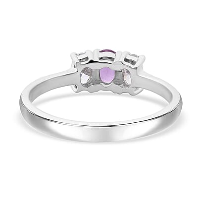 Madagascar Purple Sapphire and Moissanite 1.00 ctw 3 Stone Ring in Rhodium Over Sterling Silver (Size 10.0)