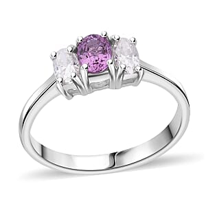 Madagascar Purple Sapphire and Moissanite 1.00 ctw 3 Stone Ring in Rhodium Over Sterling Silver (Size 6.0)