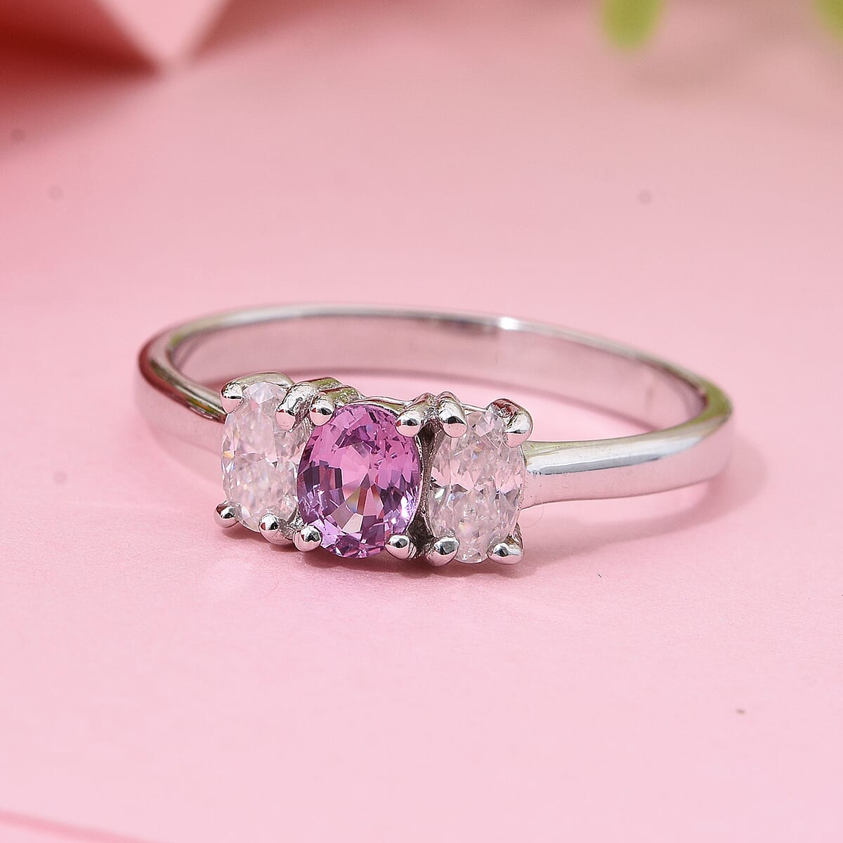 Madagascar Purple Sapphire and Moissanite 1.00 ctw 3 Stone Ring in Rhodium Over Sterling Silver (Size 6.0) image number 1
