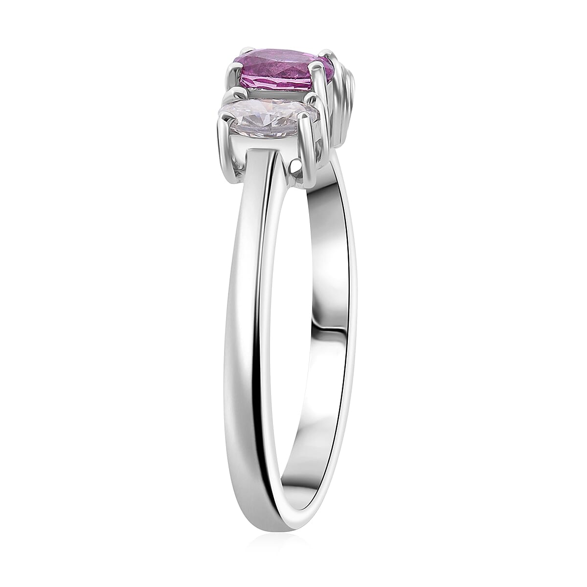 Madagascar Purple Sapphire and Moissanite 1.00 ctw 3 Stone Ring in Rhodium Over Sterling Silver (Size 6.0) image number 3