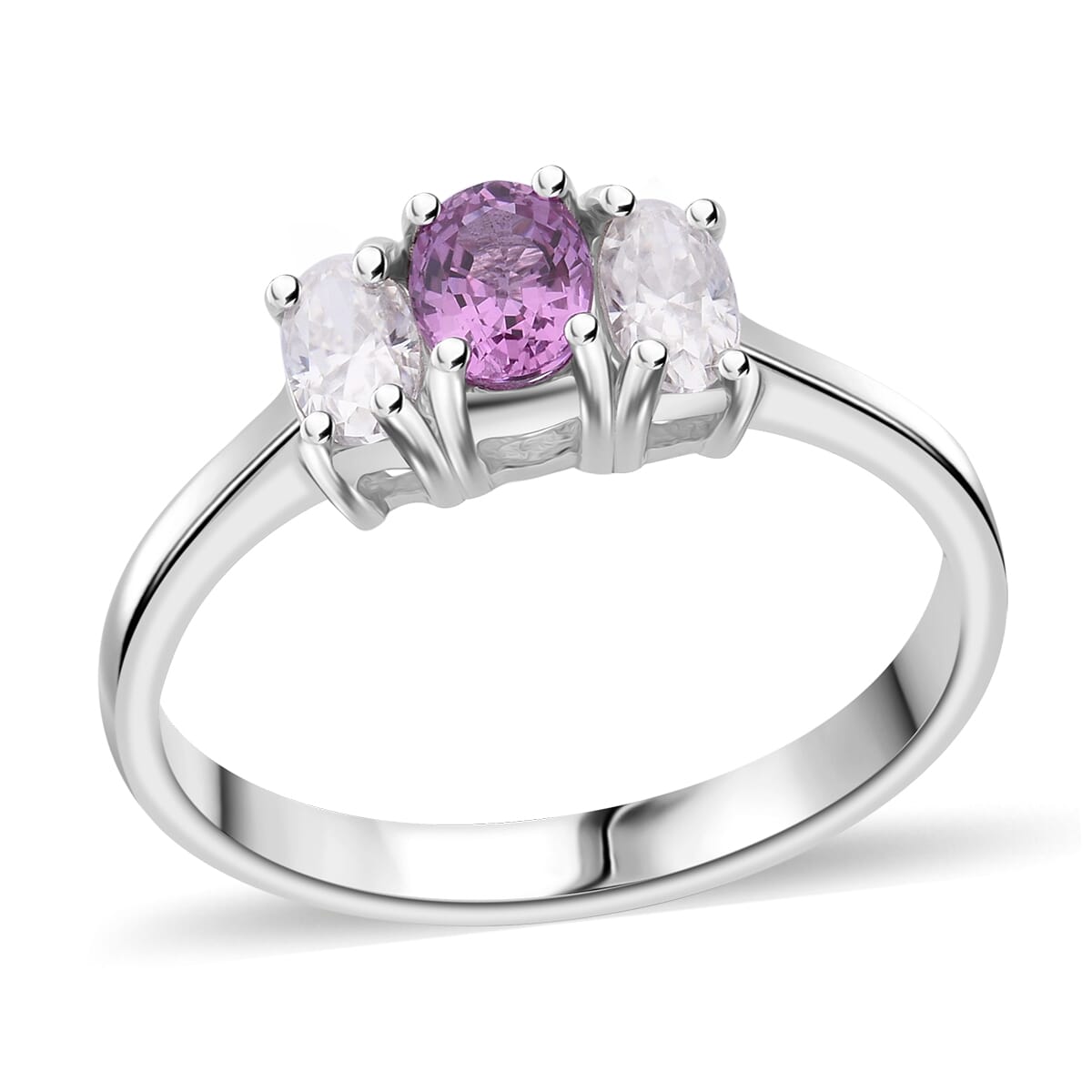 Madagascar Purple Sapphire and Moissanite 1.00 ctw 3 Stone Ring in Rhodium Over Sterling Silver (Size 8.0) image number 0