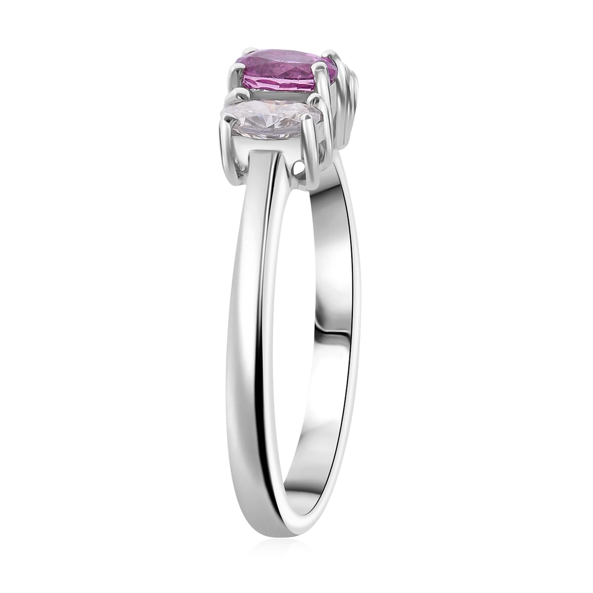 Madagascar Purple Sapphire and Moissanite 1.00 ctw 3 Stone Ring in Rhodium Over Sterling Silver (Size 8.0) image number 3