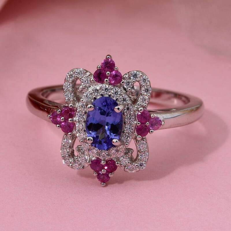 AAA Tanzanite and Multi Gemstone 0.90 ctw Petal Halo Ring in Rhodium Over Sterling Silver (Size 10.0)