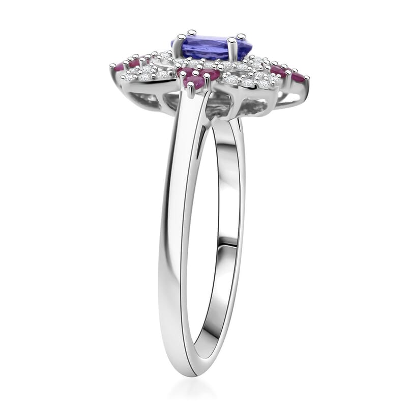 AAA Tanzanite and Multi Gemstone 0.90 ctw Petal Halo Ring in Rhodium Over Sterling Silver (Size 10.0)