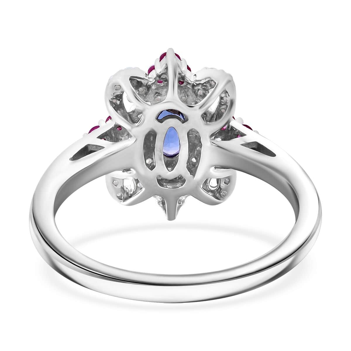 AAA Tanzanite and Multi Gemstone 0.90 ctw Petal Halo Ring in Rhodium Over Sterling Silver (Size 10.0) image number 4