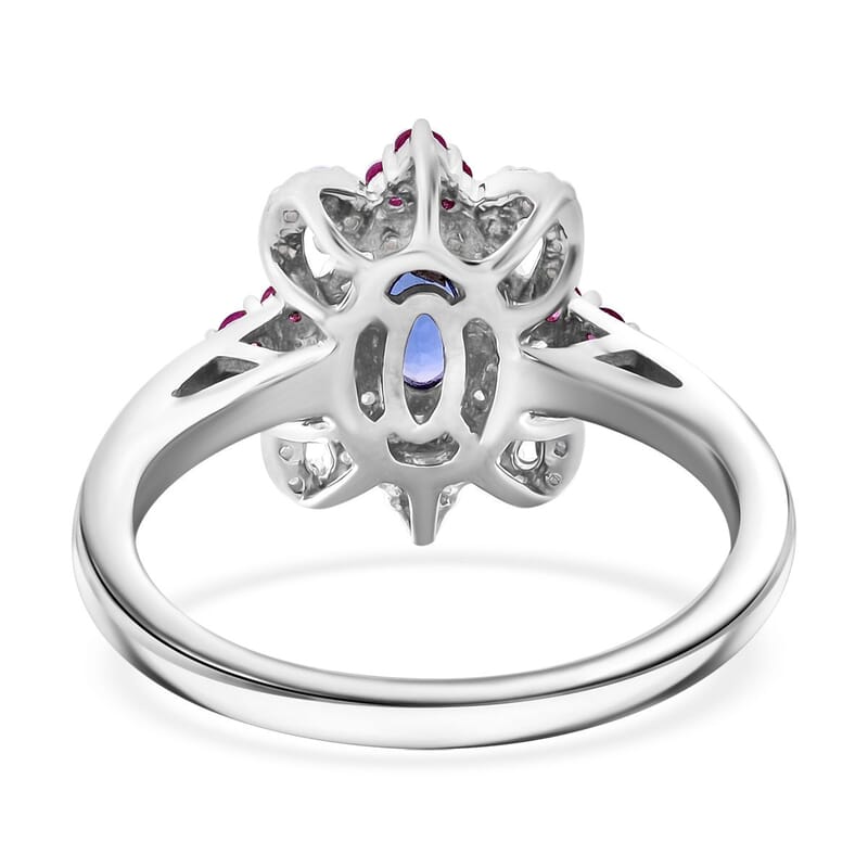 AAA Tanzanite and Multi Gemstone 0.90 ctw Petal Halo Ring in Rhodium Over Sterling Silver (Size 10.0)